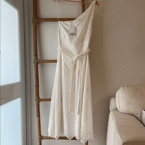 Zara One-Shoulder Eyelet Midi Dress in Cream